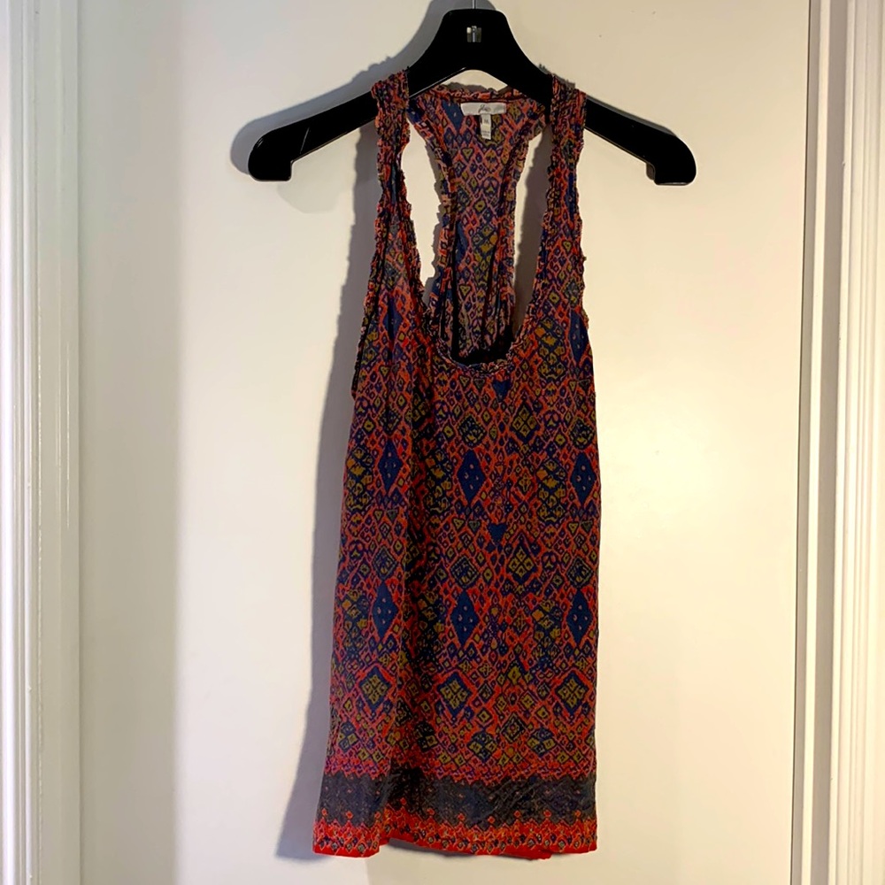 Sleeveless  open shoulder 100% silk top Beautiful pink citron char/blue print M